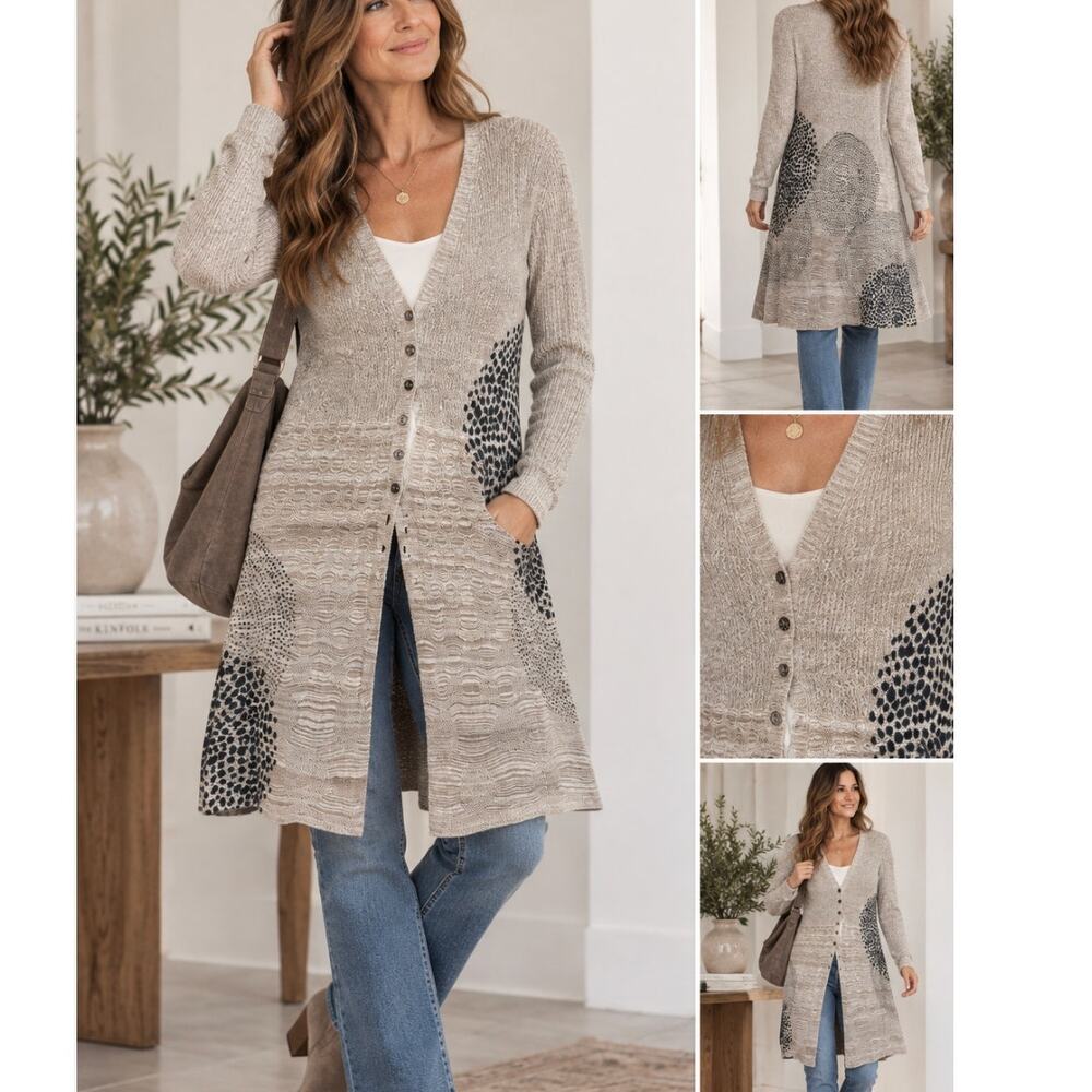 NIC+ZOE Cardigan Sweater S Linen Blend Longline Animal Print Neutral Artsy